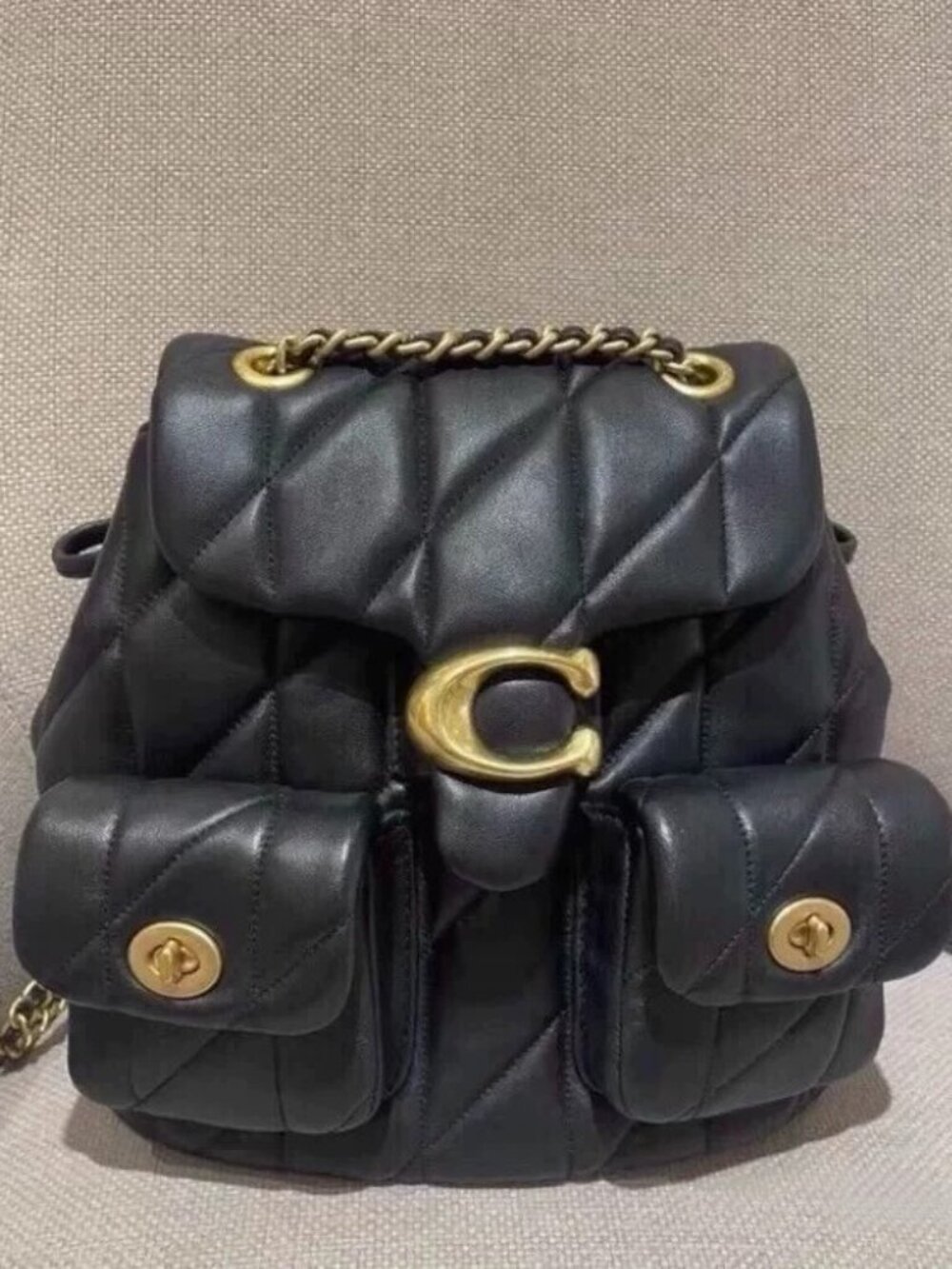 Coach Black Quilted Leather Chain Backpack Gold Tone Hardware